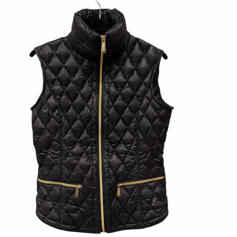 Michael Kors Black Packable Down Puffer Vest Gold Hardware Size Small